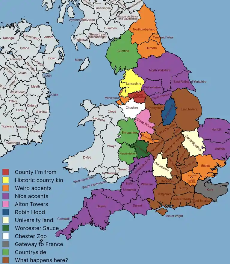 A colorful map of the British Isles with counties labeled and color-coded according to a legend that assigns categories like…