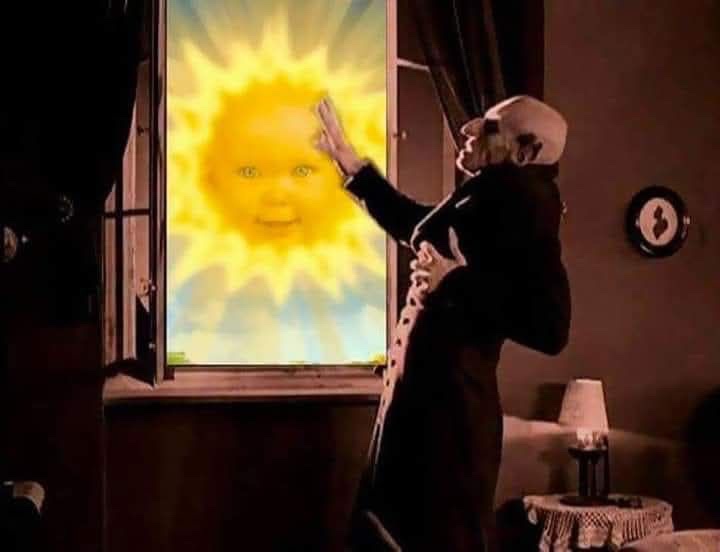 An elderly man in a dark coat stands by a window, reaching out to touch a bright yellow sun that has a smiling baby's face…