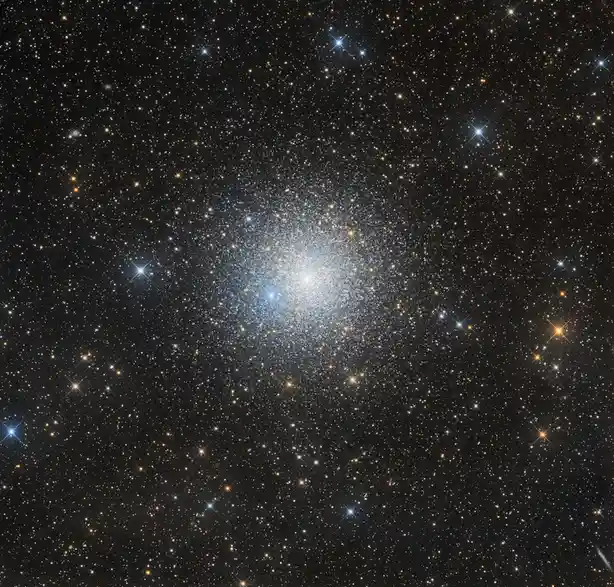 A high-resolution astronomical photograph shows a dense, bright star cluster at its center, surrounded by countless stars of…