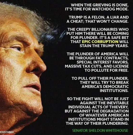 A close-up profile image of Donald Trump with a dark background, overlaid with a block of white and yellow text attributed…