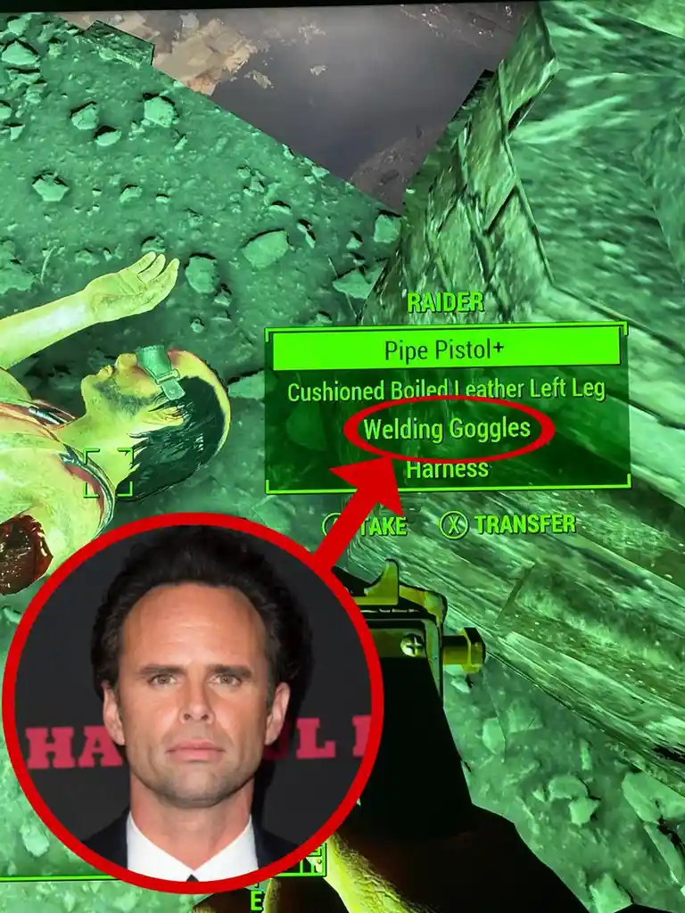 A screenshot from the video game Fallout 3 shows a dead raider with a green-tinted, first-person view. The player's…