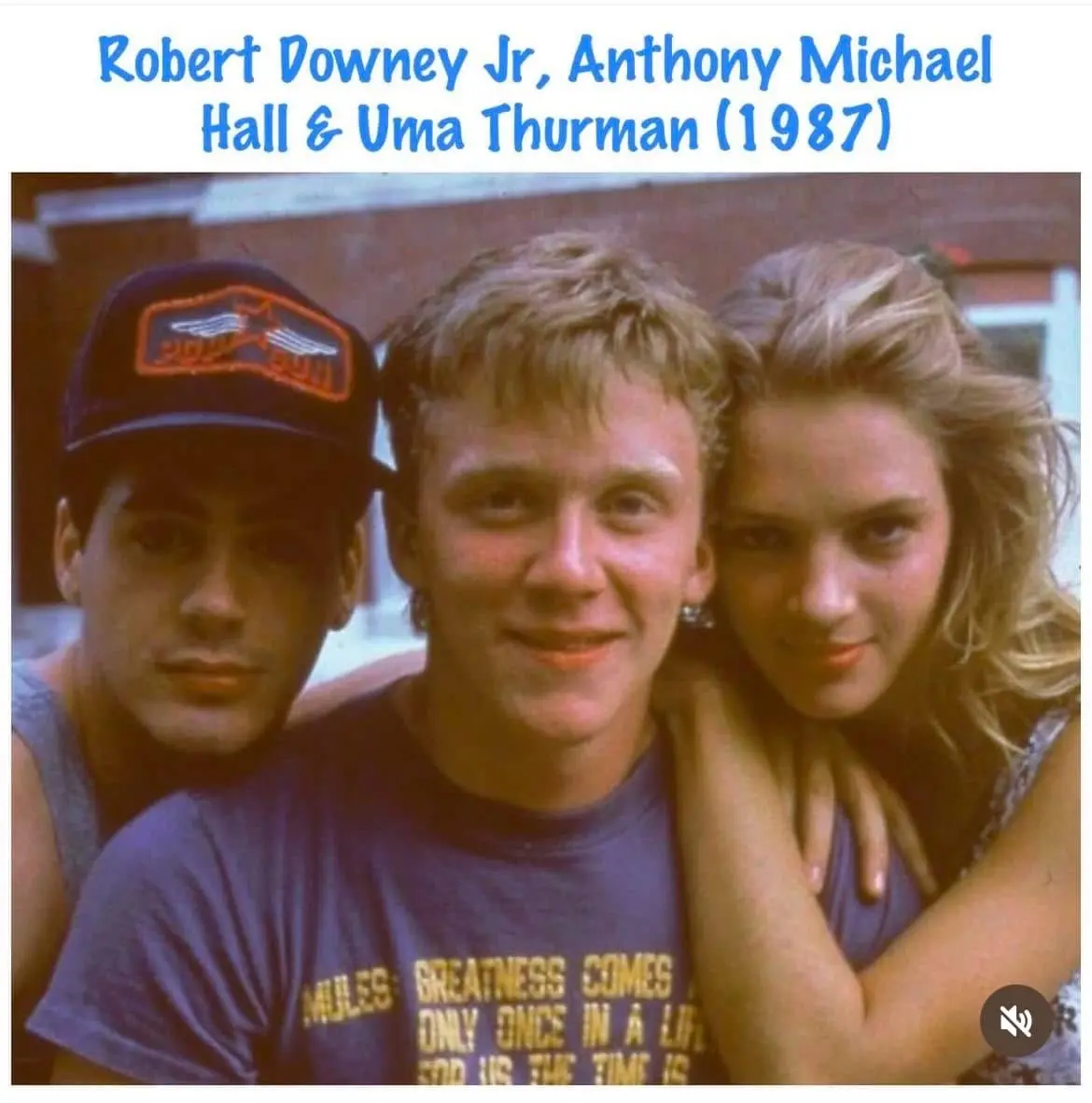 A vintage 1987 photo shows three young actors—Robert Downey Jr., Anthony Michael Hall, and Uma Thurman—posing closely…