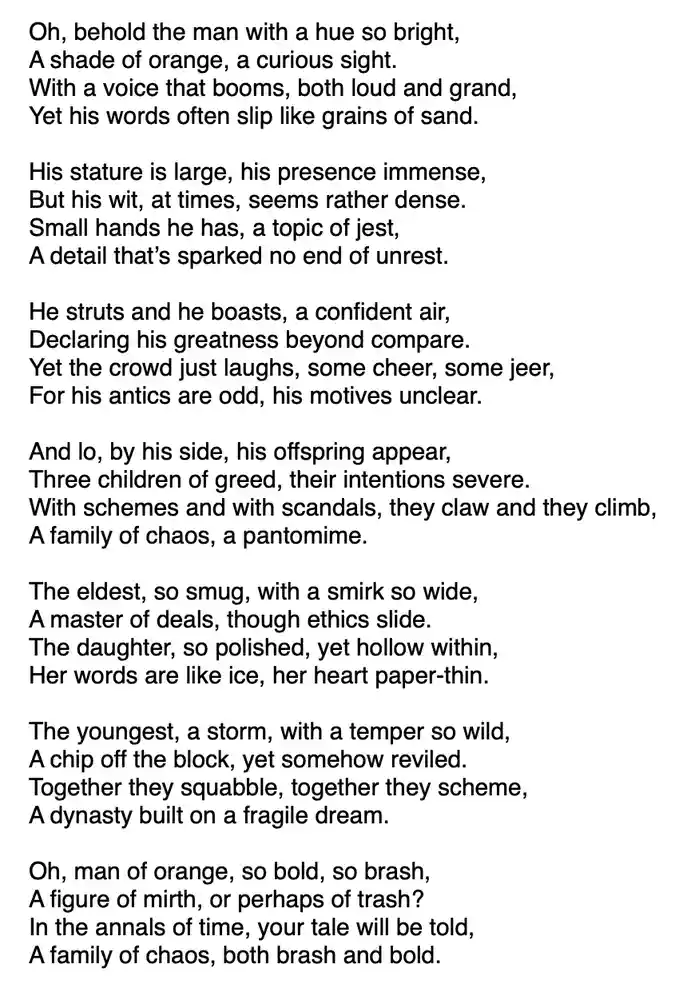 The image displays a full-page poem in black text on a white background, describing a man with an orange hue and his three…