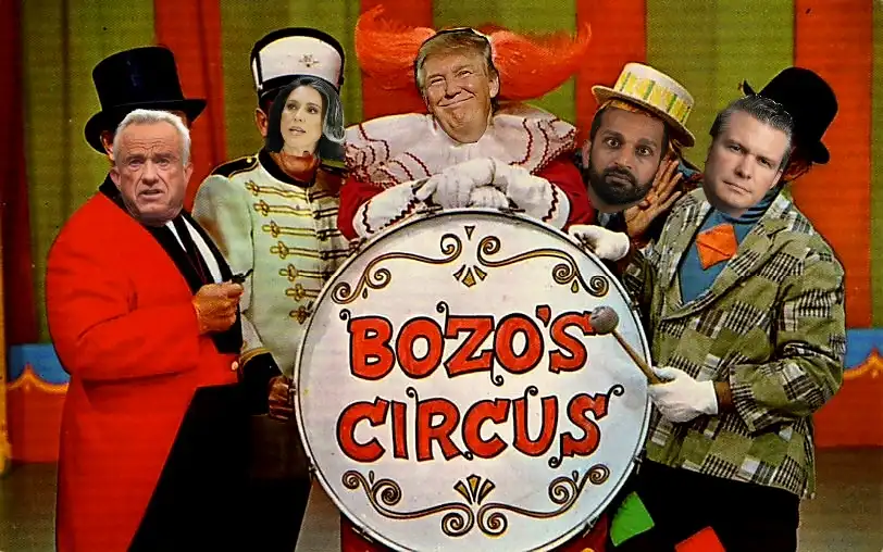 A group of five men in colorful circus costumes stand behind a large drum that reads 'BOZO'S CIRCUS'. The central figure…