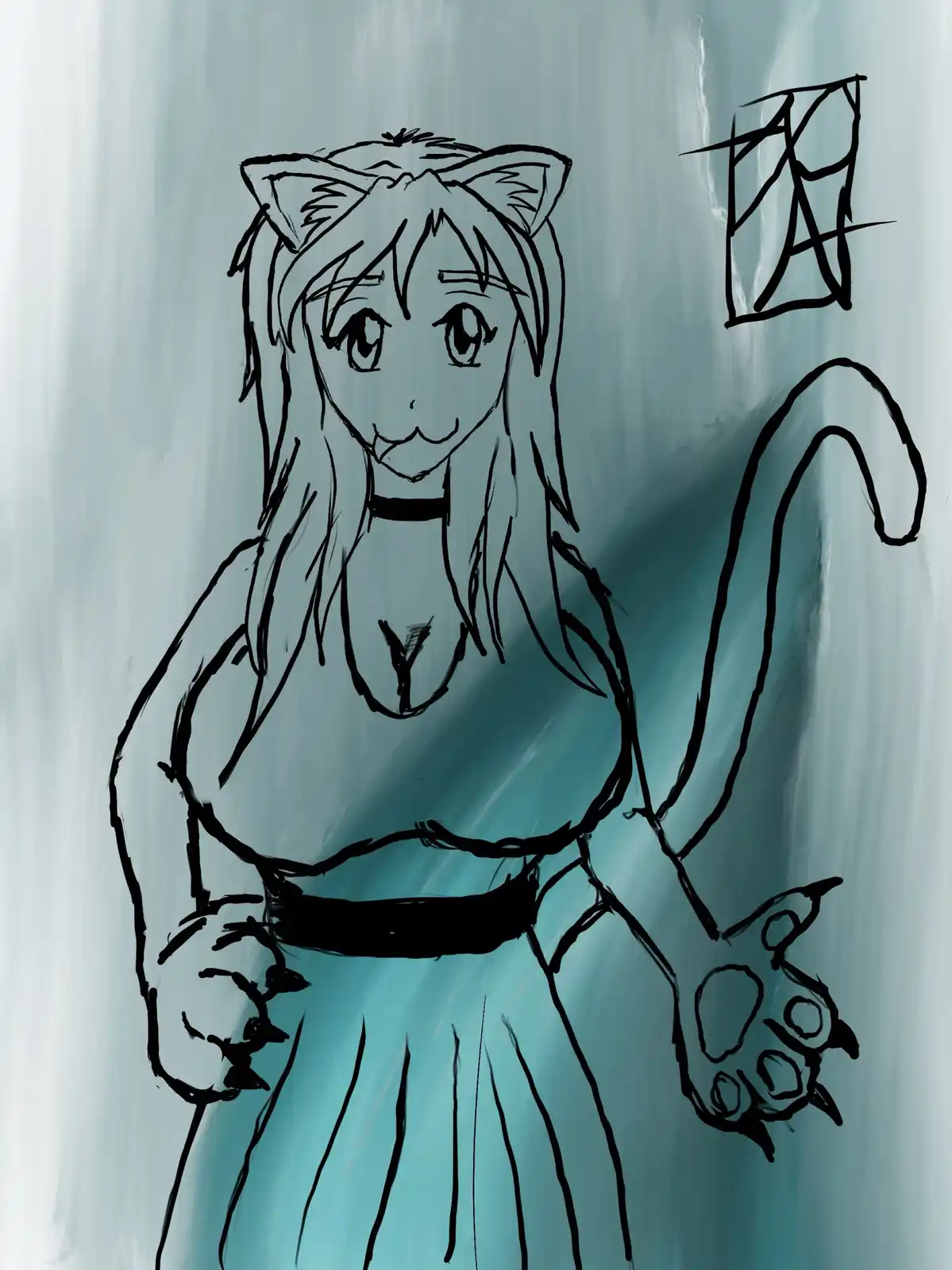 A sketch-style anime girl with cat ears, a tail, and clawed hands, wearing a dress and choker, stands against a teal…