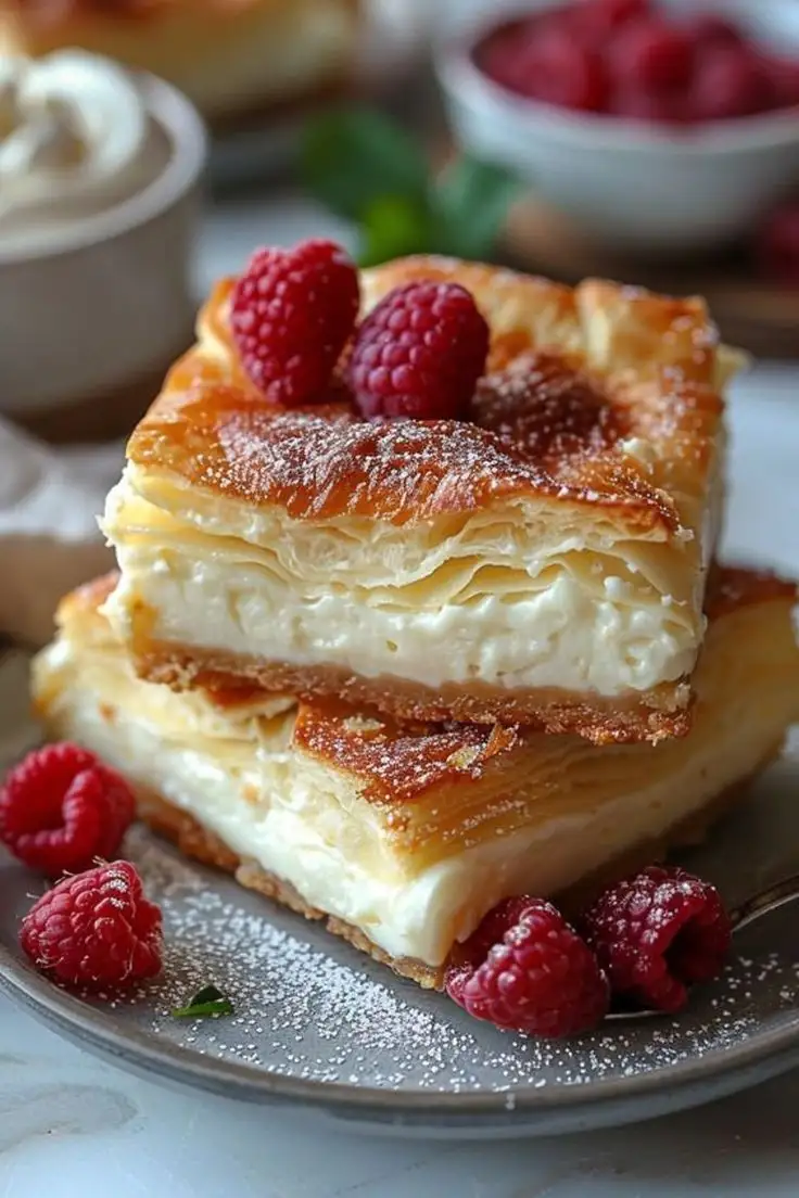 A close-up photo shows two stacked squares of flaky, golden-brown pastry dessert with creamy white filling, topped with…