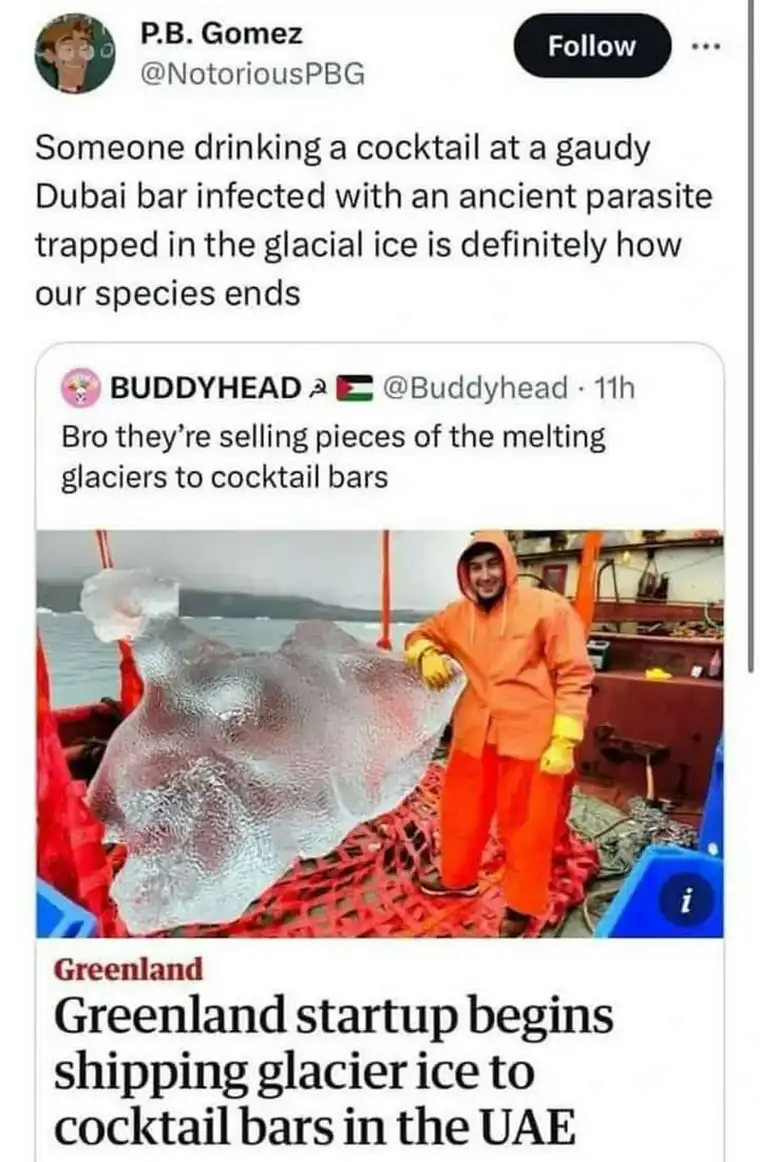 A screenshot of a Twitter thread shows a man in an orange jumpsuit holding a large, translucent block of glacier ice on a…