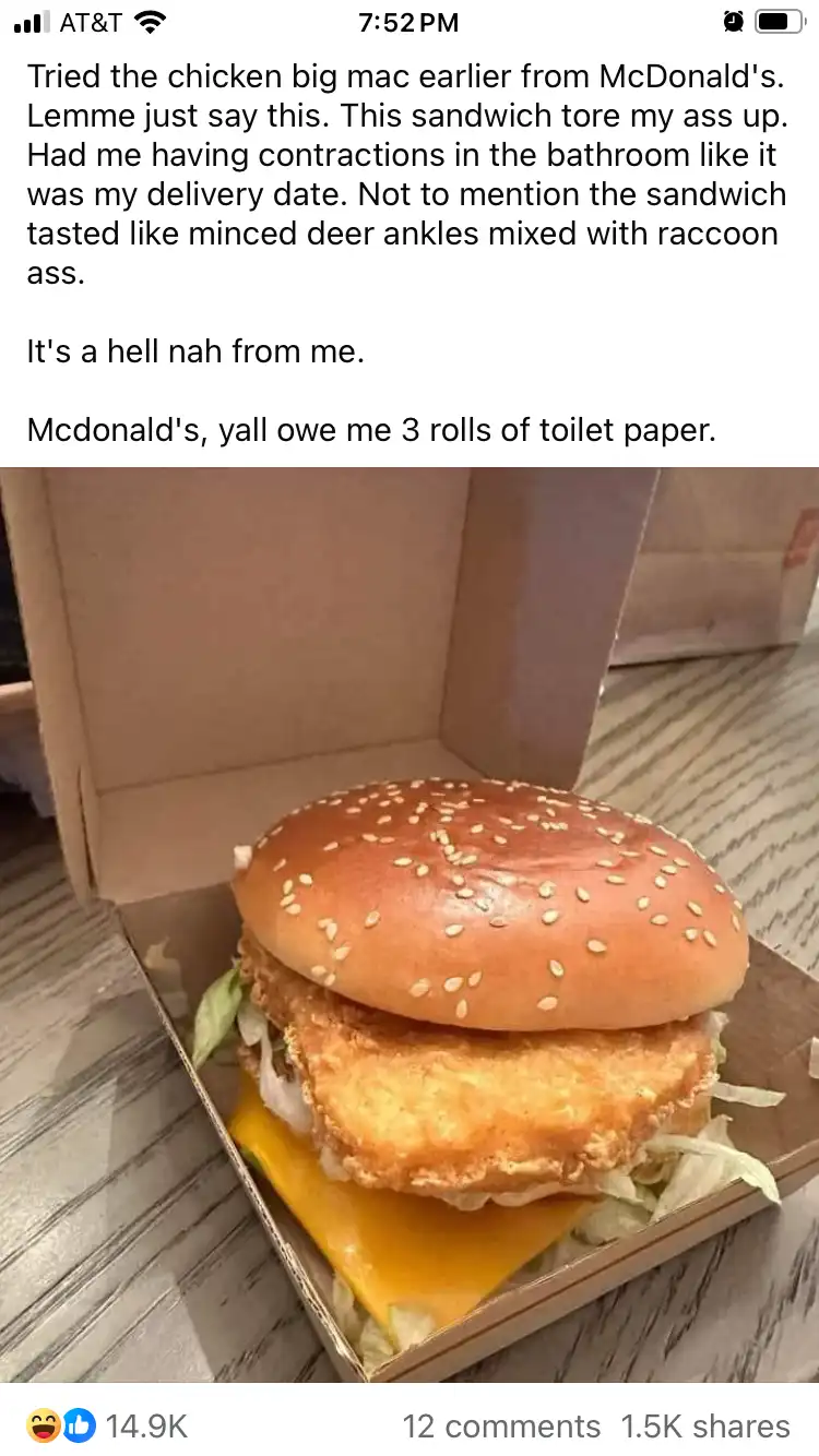 A photo of a McDonald's chicken big mac in its cardboard box, with overlaid text describing a person's extreme negative…