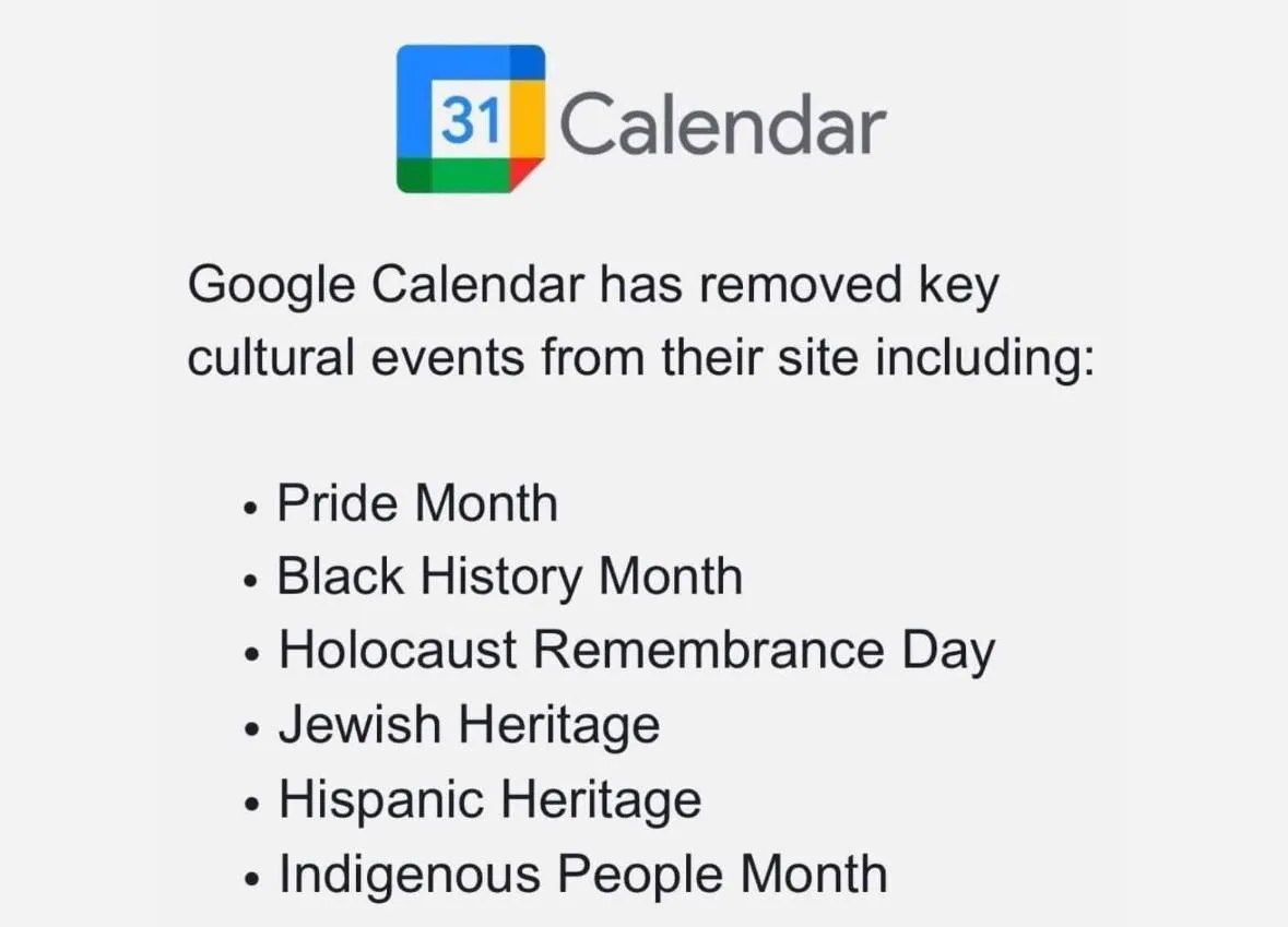 An image mimicking a Google Calendar notification falsely claims the platform has removed key cultural observances like…