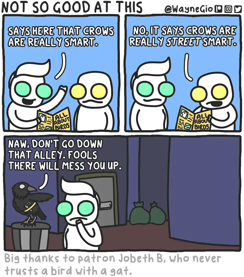 A three-panel comic shows a person reading a book titled 'All About Birds' and misinterpreting 'street smart' as 'really…