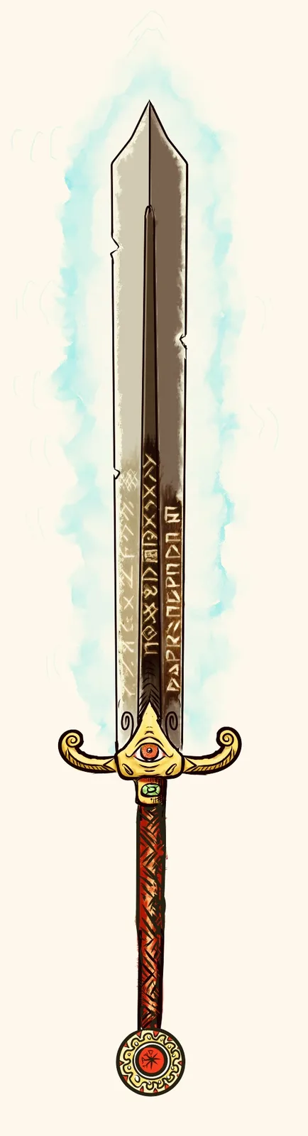 A stylized illustration of a fantasy sword with a glowing blue aura, featuring an ornate golden hilt with a central eye…