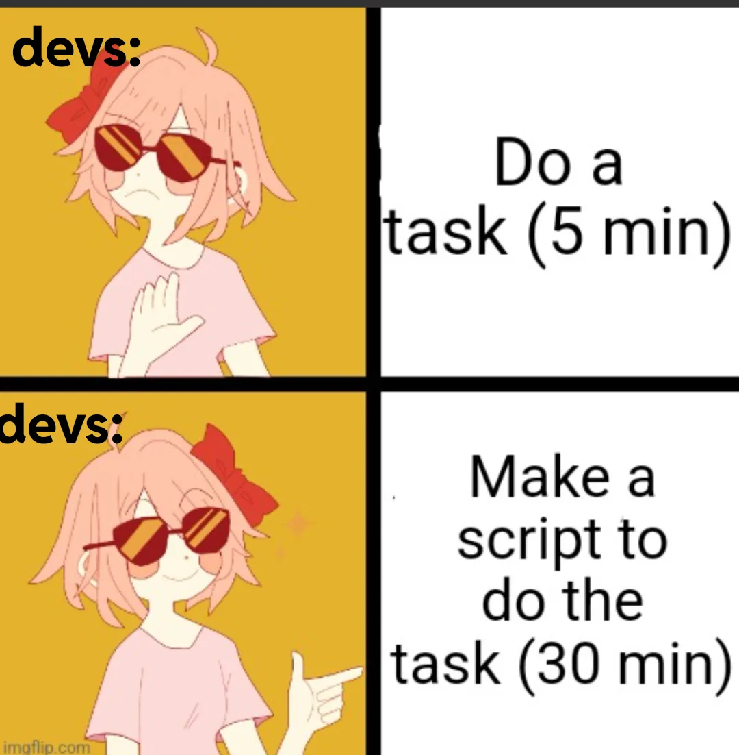 A four-panel meme template featuring an anime girl with pink hair and red sunglasses. In the top-left panel, she looks…