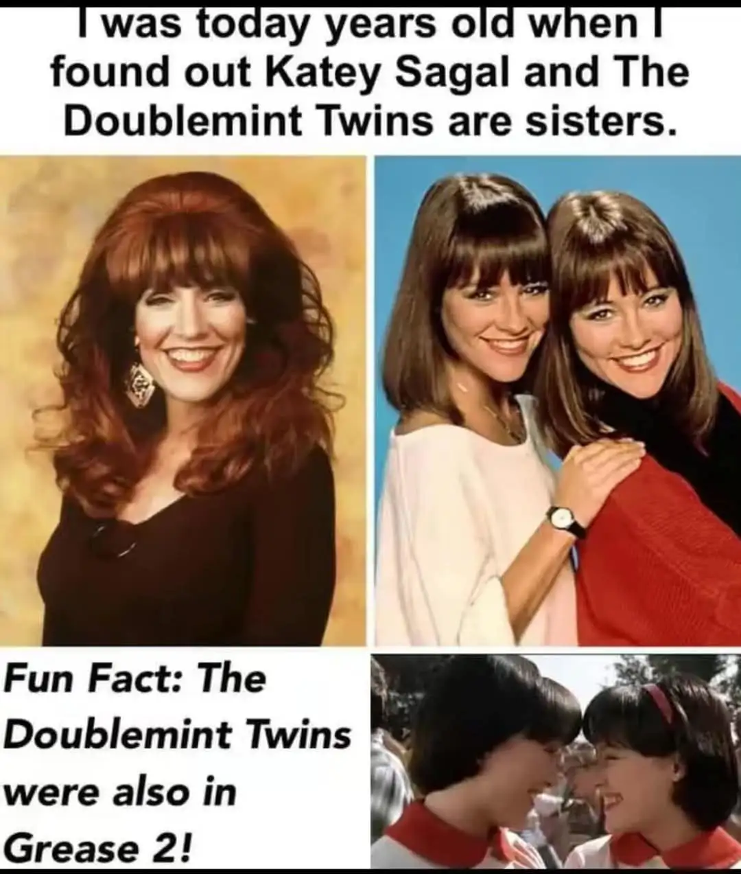 The image is a four-panel meme featuring Katey Sagal in a solo portrait, then two identical-looking women (The Doublemint…