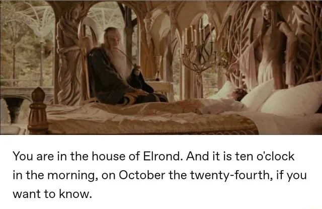A still from 'The Lord of the Rings' shows Elrond sitting on a bed in his ornate, tree-themed bedroom. He is looking at the…