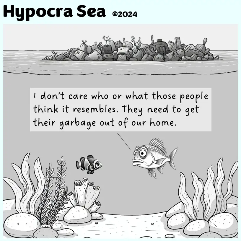 A black-and-white cartoon depicts an underwater scene with a fish looking distressed at a distant shoreline piled high with…
