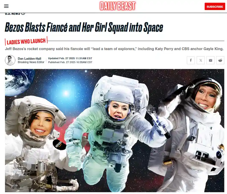 A satirical news article from the Daily Beast features a headline about Jeff Bezos launching his fiancée and her 'girl…