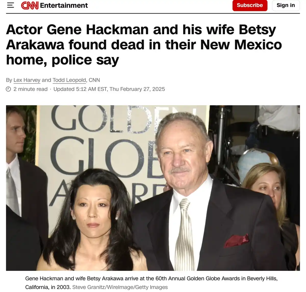 A screenshot of a CNN Entertainment news article about the deaths of actor Gene Hackman and his wife Betsy Arakawa. The…