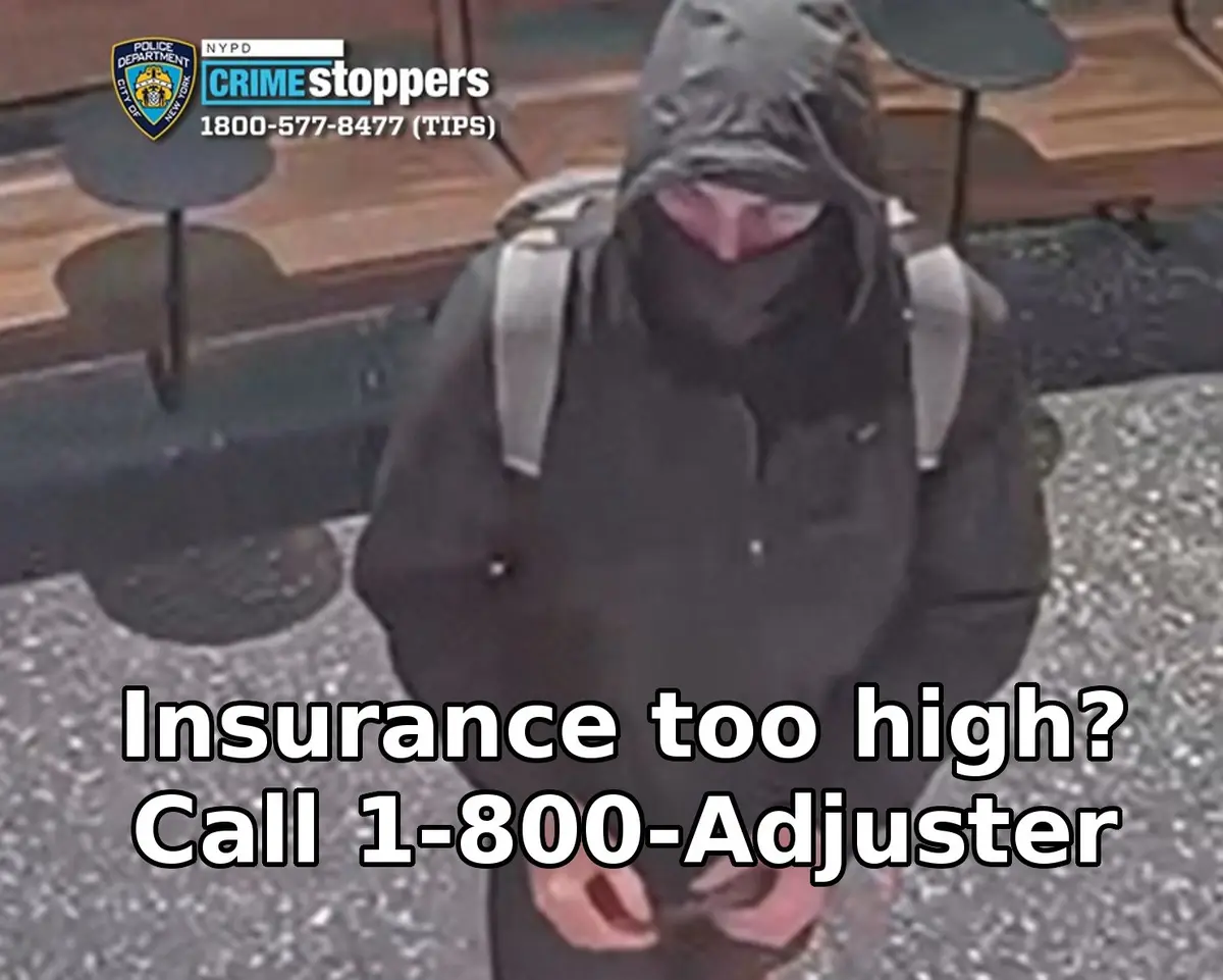 A grainy surveillance-style image shows a person in a dark hooded jacket and face covering, carrying a backpack, standing…
