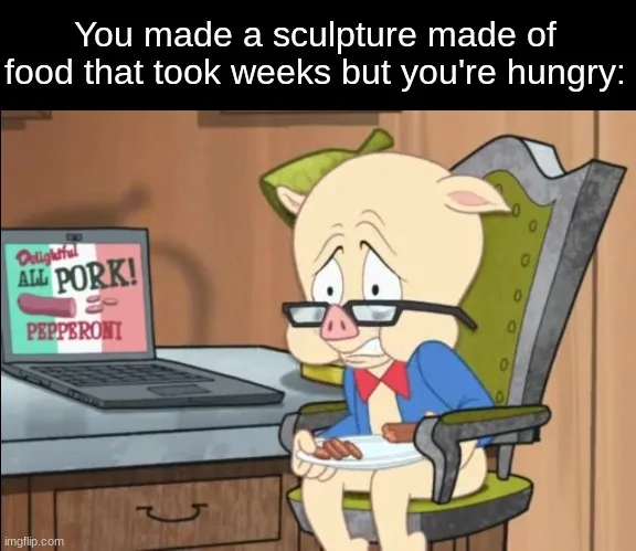 A cartoon pig wearing glasses sits in a chair holding a plate with a few pieces of sausage, looking distressed. Behind him…