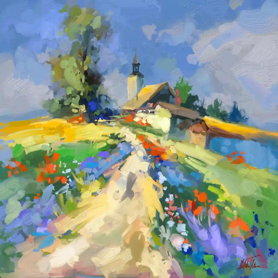 A vibrant, impressionistic painting depicts a sunlit rural landscape with a church steeple, colorful wildflowers, and…
