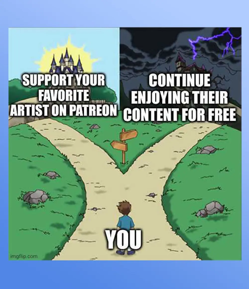 A cartoon boy stands at a fork in the road. The left path leads to a sunny castle with text 'SUPPORT YOUR FAVORITE ARTIST ON…