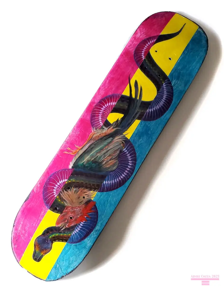 A skateboard deck with a colorful, psychedelic design featuring a stylized snake coiled around a rooster, set against pink…