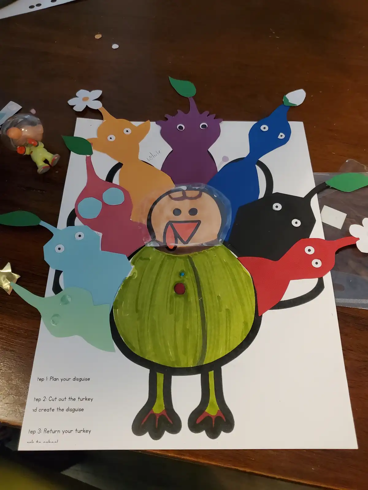 A child's paper craft turkey with a green body and a face made from a plastic lid, surrounded by colorful paper cutouts of…