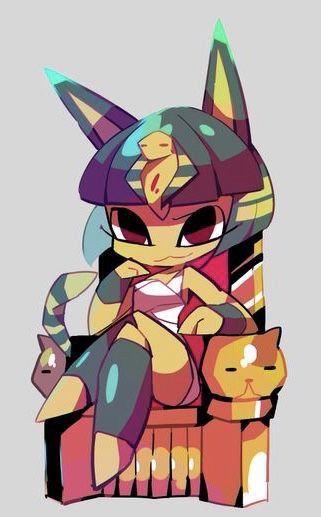A stylized, chibi-style anthropomorphic cat character with large, pointed ears, wearing an ornate, colorful headdress…