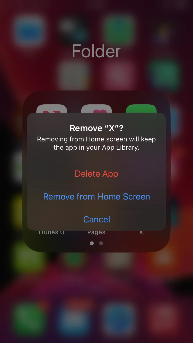 An iOS home screen folder shows a confirmation dialog asking to remove an app labeled "X". The dialog offers three options…