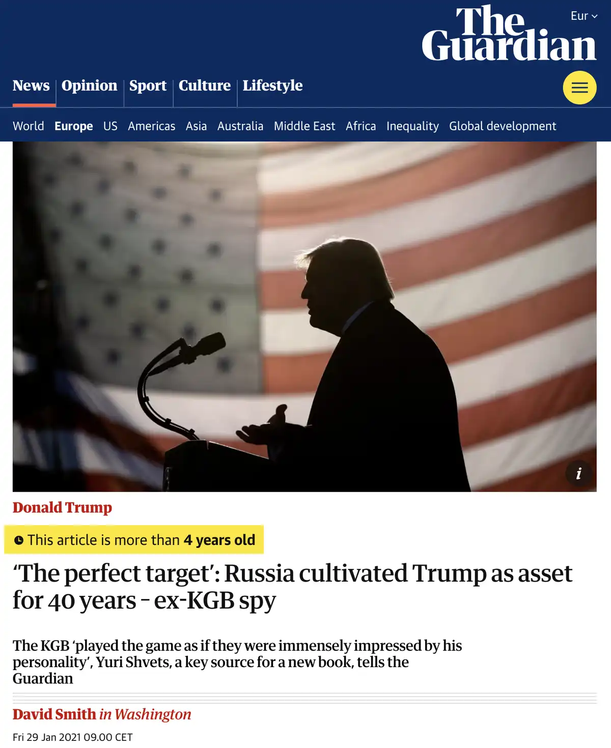 A screenshot of a The Guardian news article from January 2021 shows a silhouette of Donald Trump speaking at a podium with…