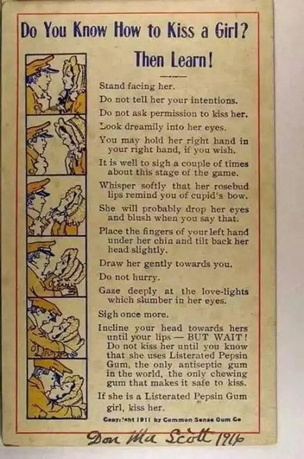 An old 1911 illustrated pamphlet titled 'Do You Know How to Kiss a Girl? Then Learn!' provides a step-by-step guide with…