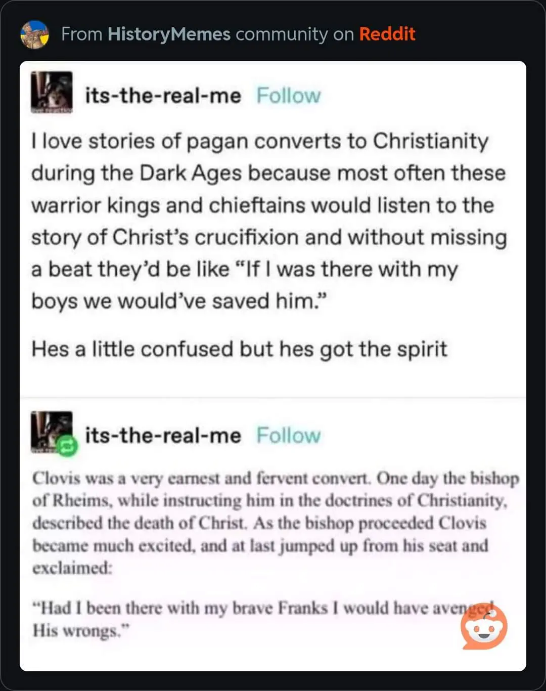 A Reddit post screenshot showing a user's comment about pagan kings converting to Christianity, humorously noting their…