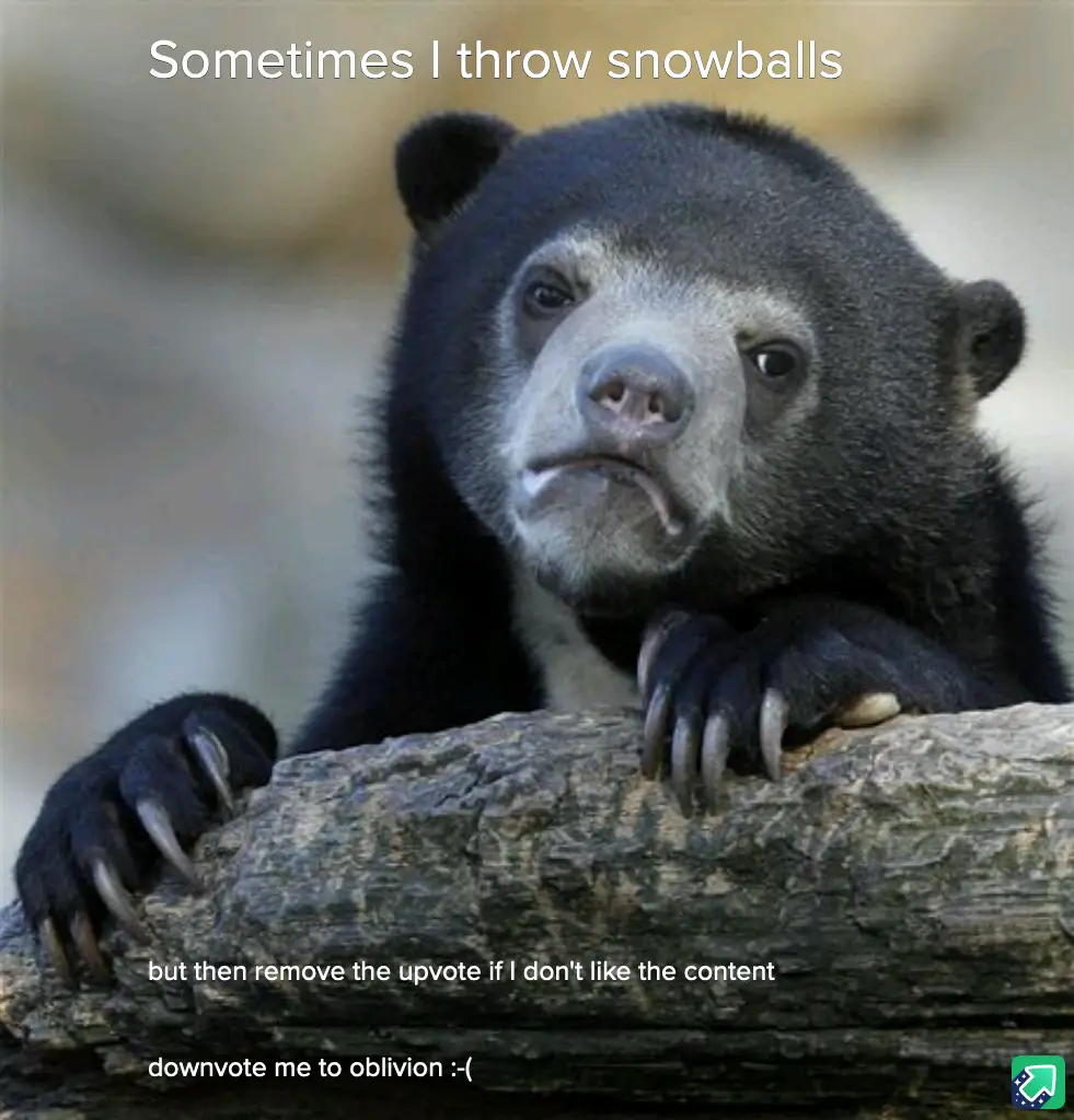 A close-up photo of a sad-looking spectacled bear resting its paws on a log, with white text overlaid in three lines…