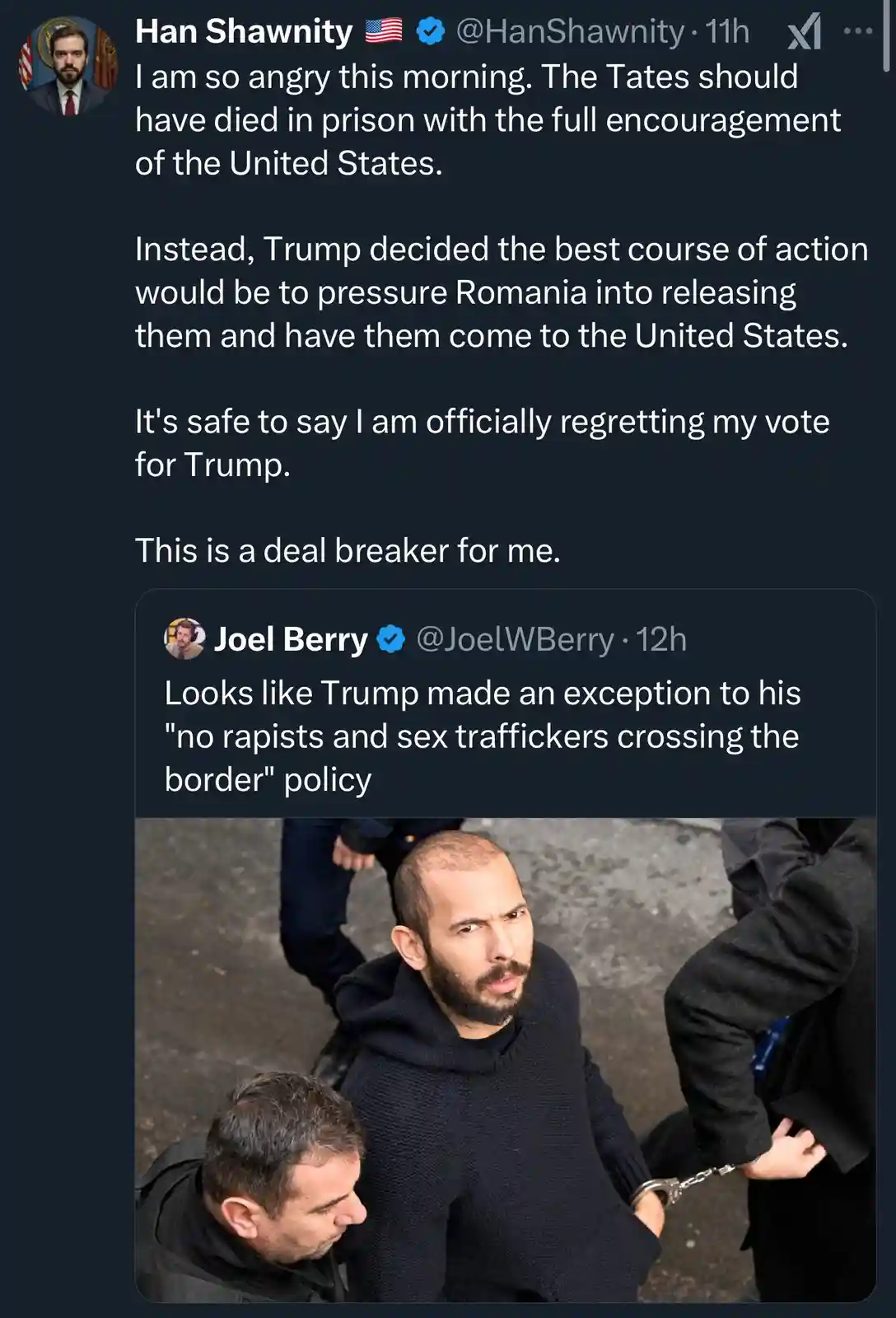 A screenshot of a Twitter thread shows a user expressing anger that Trump pressured Romania to release the Tates and bring…