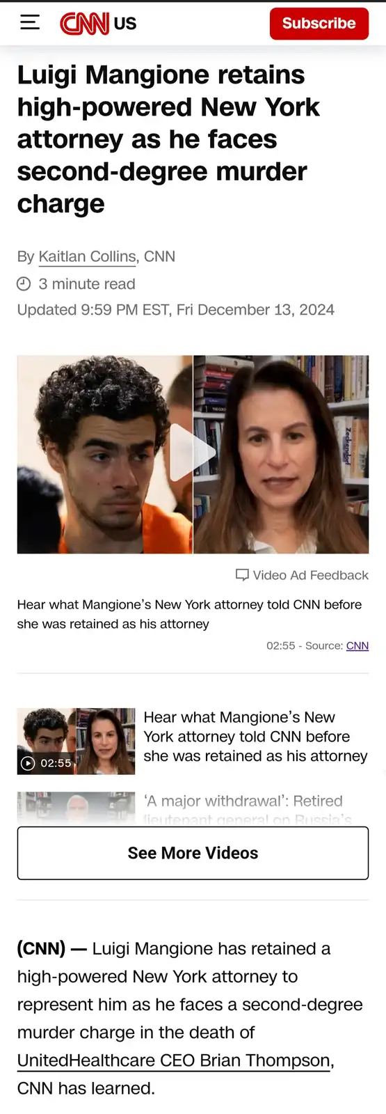 A screenshot of a CNN news article about Luigi Mangione retaining a high-powered attorney for a second-degree murder charge…