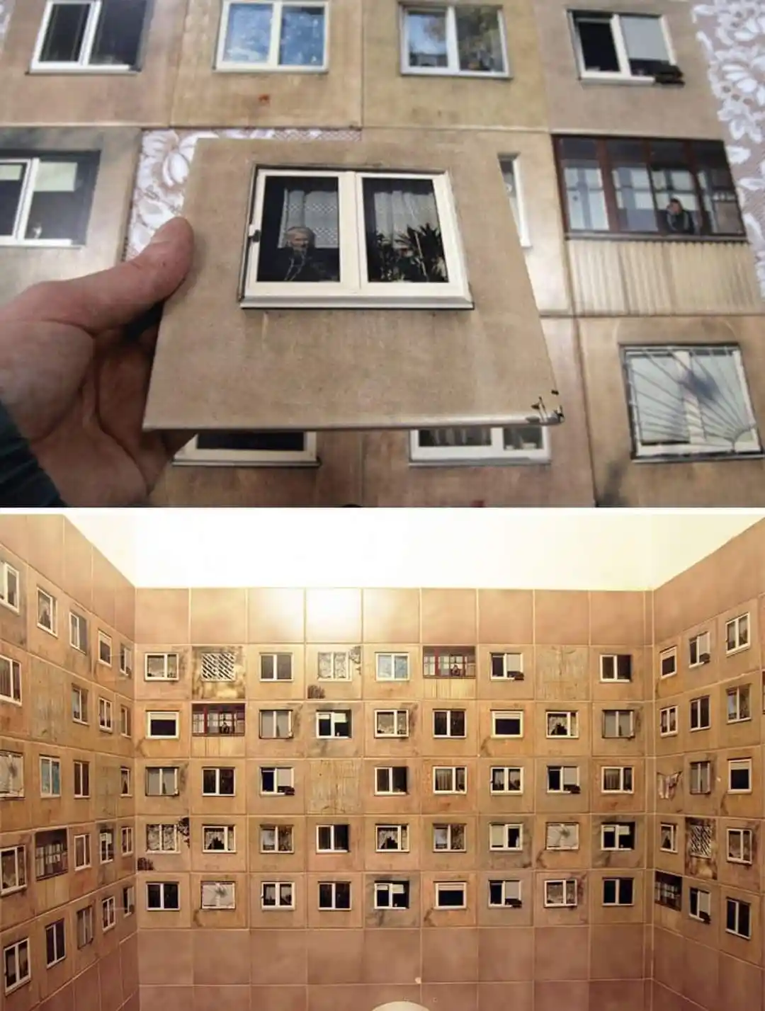 The top panel shows a hand holding a single tile that features a window with a man inside, superimposed over a larger…