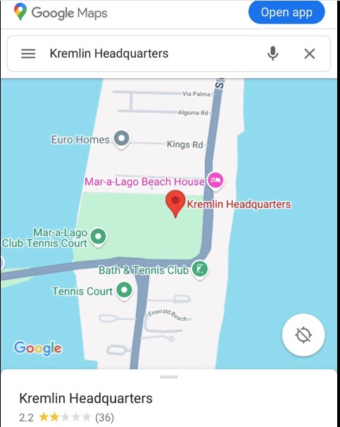 A Google Maps screenshot shows a red pin labeled 'Kremlin Headquarters' placed on a map of a beachside area with businesses…