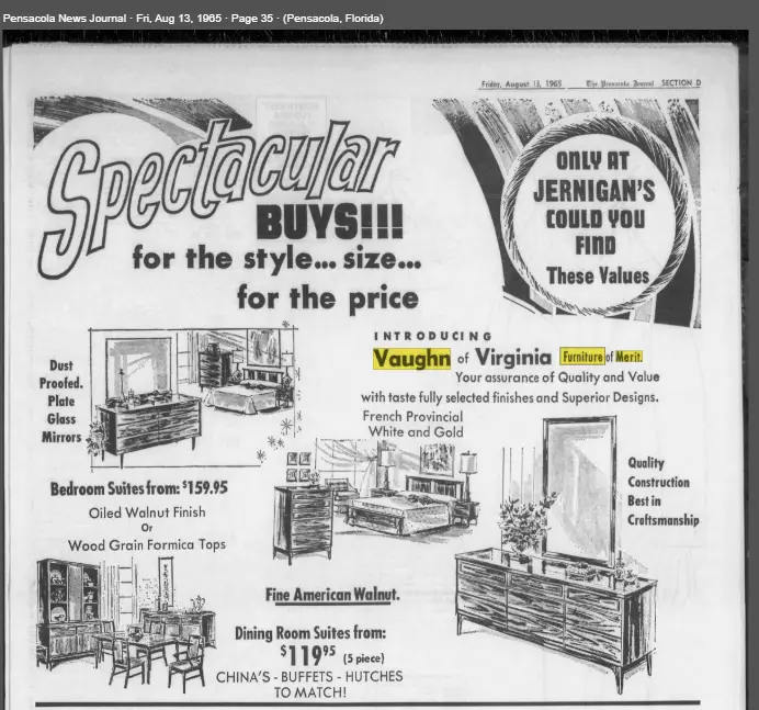 A black-and-white 1965 newspaper advertisement from the Pensacola News Journal for 'Vaughn of Virginia Furniture of Merit'…