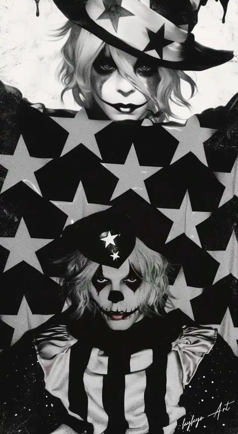 A black-and-white image features two figures with clown-like makeup and star-patterned hats and clothing, set against a…