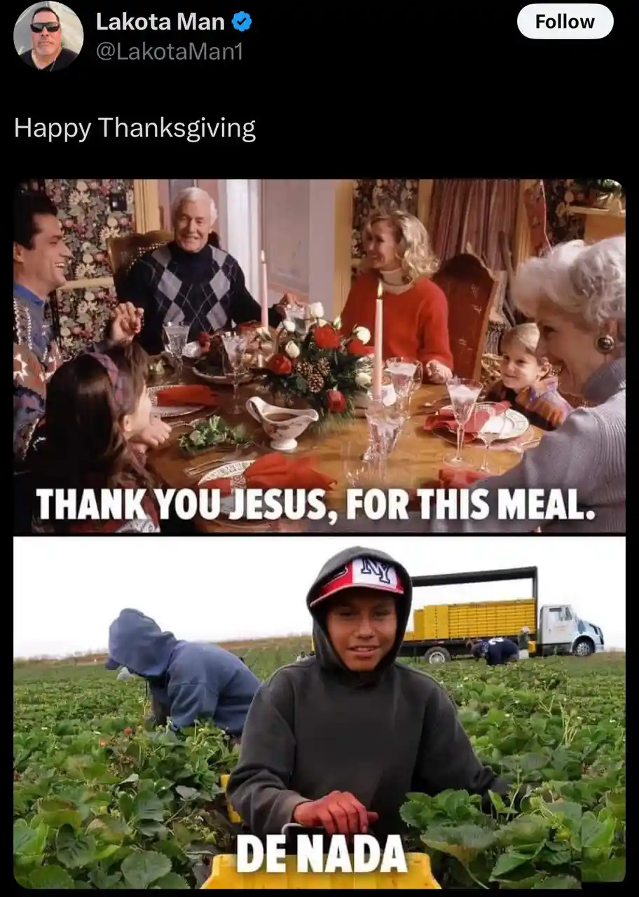 The meme features two images: the top shows a family gathered around a Thanksgiving dinner table with the text 'THANK YOU…