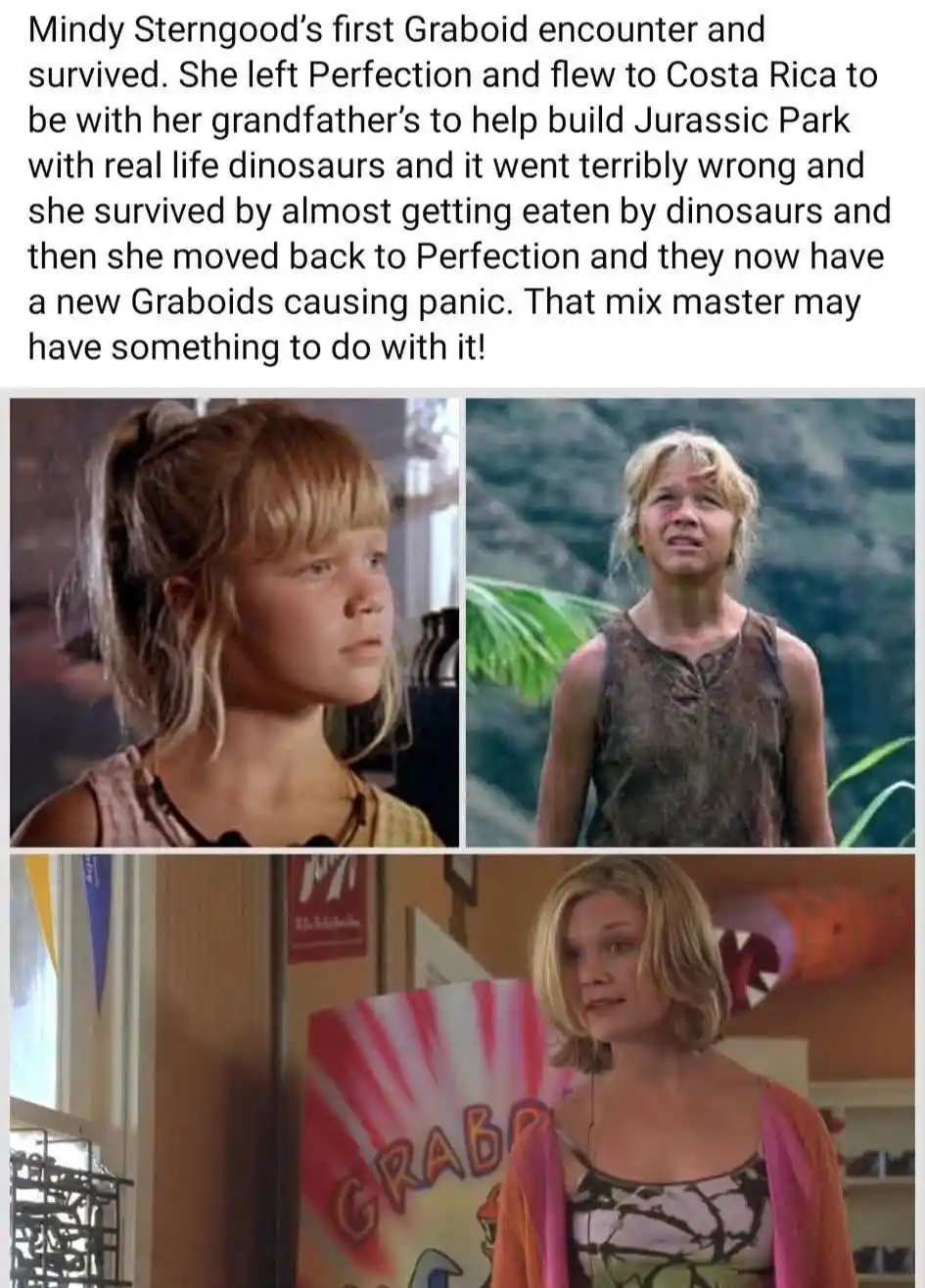 The image displays three photos of actress Mindy Sterngood: a young girl with a ponytail looking pensive, a dirty…