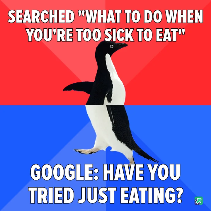 A penguin stands centered against a red and blue background, with white text at the top reading 'SEARCHED "WHAT TO DO WHEN…