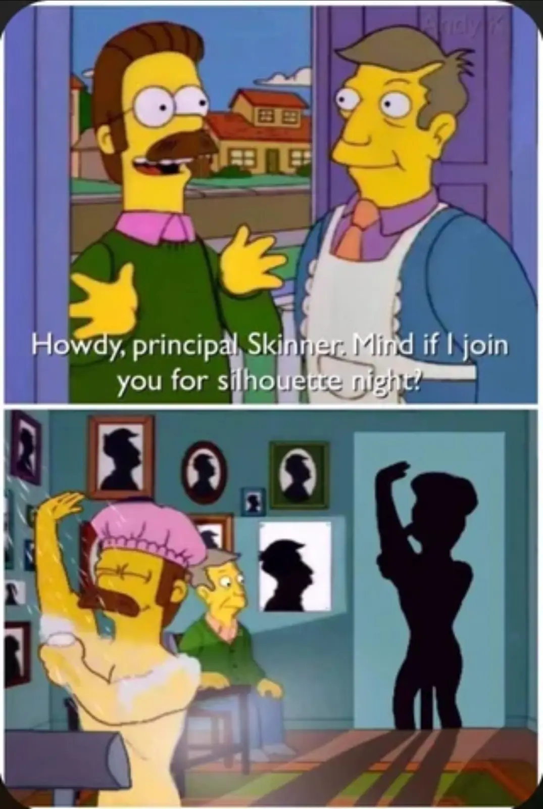 The top panel shows two Simpsons characters, one in a green sweater asking the other, dressed in an apron, if he can join…