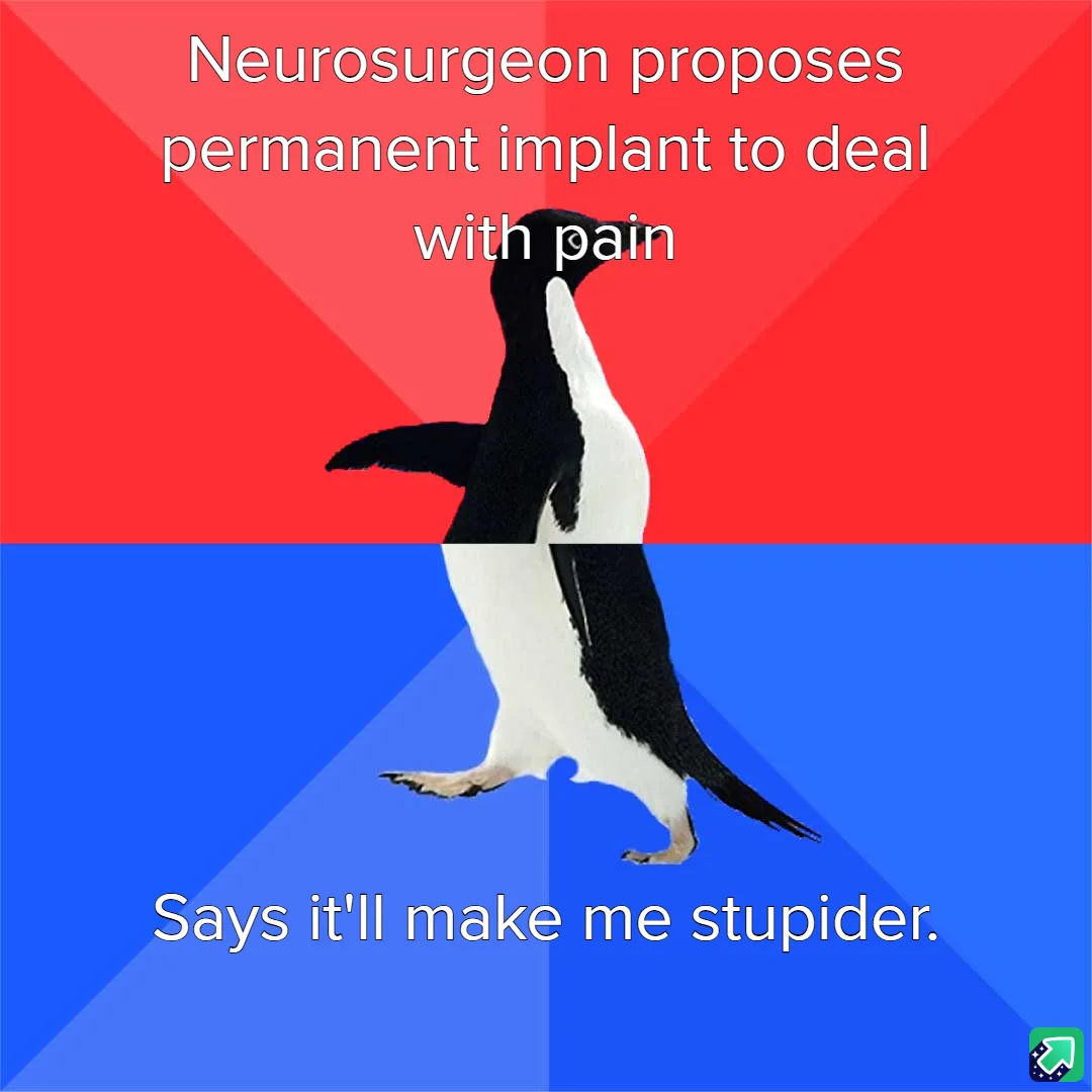 A penguin stands centered against a red and blue background, split horizontally. White text at the top reads 'Neurosurgeon…