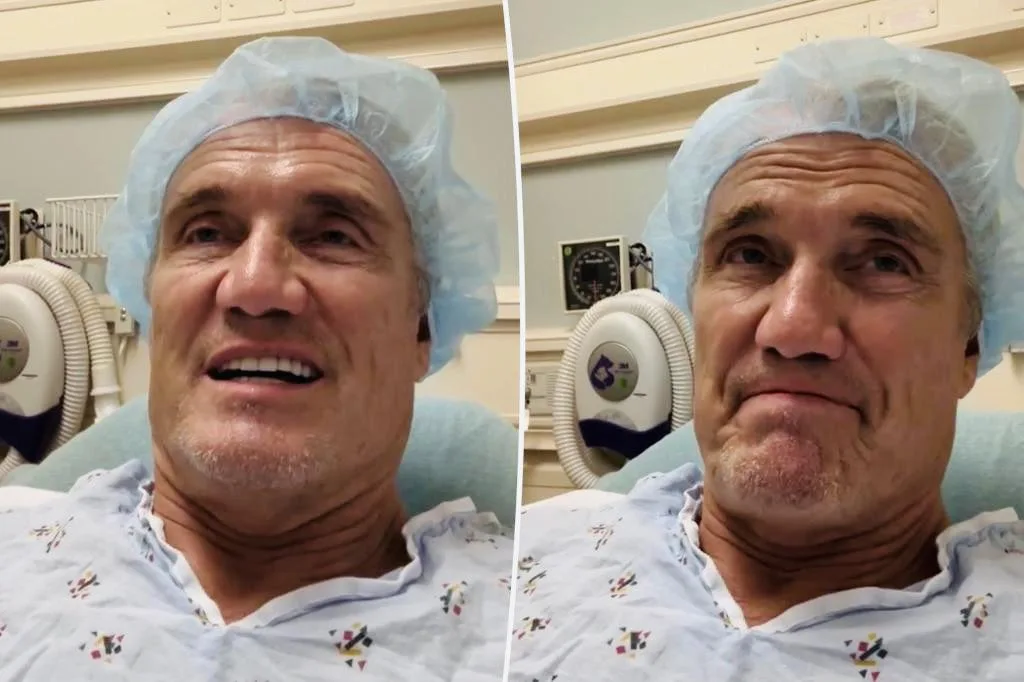 A split-screen image shows a man in a hospital gown and surgical cap. On the left, he is smiling broadly. On the right, he…