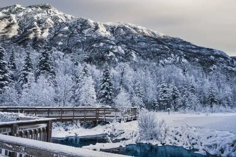 A serene winter landscape featuring a snow-covered wooden bridge crossing a partially frozen river, with snow-laden…