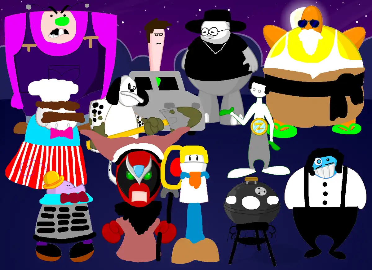 A digital illustration shows a group of diverse cartoon characters, including a chef, a dog with an axe, a masked wrestler…