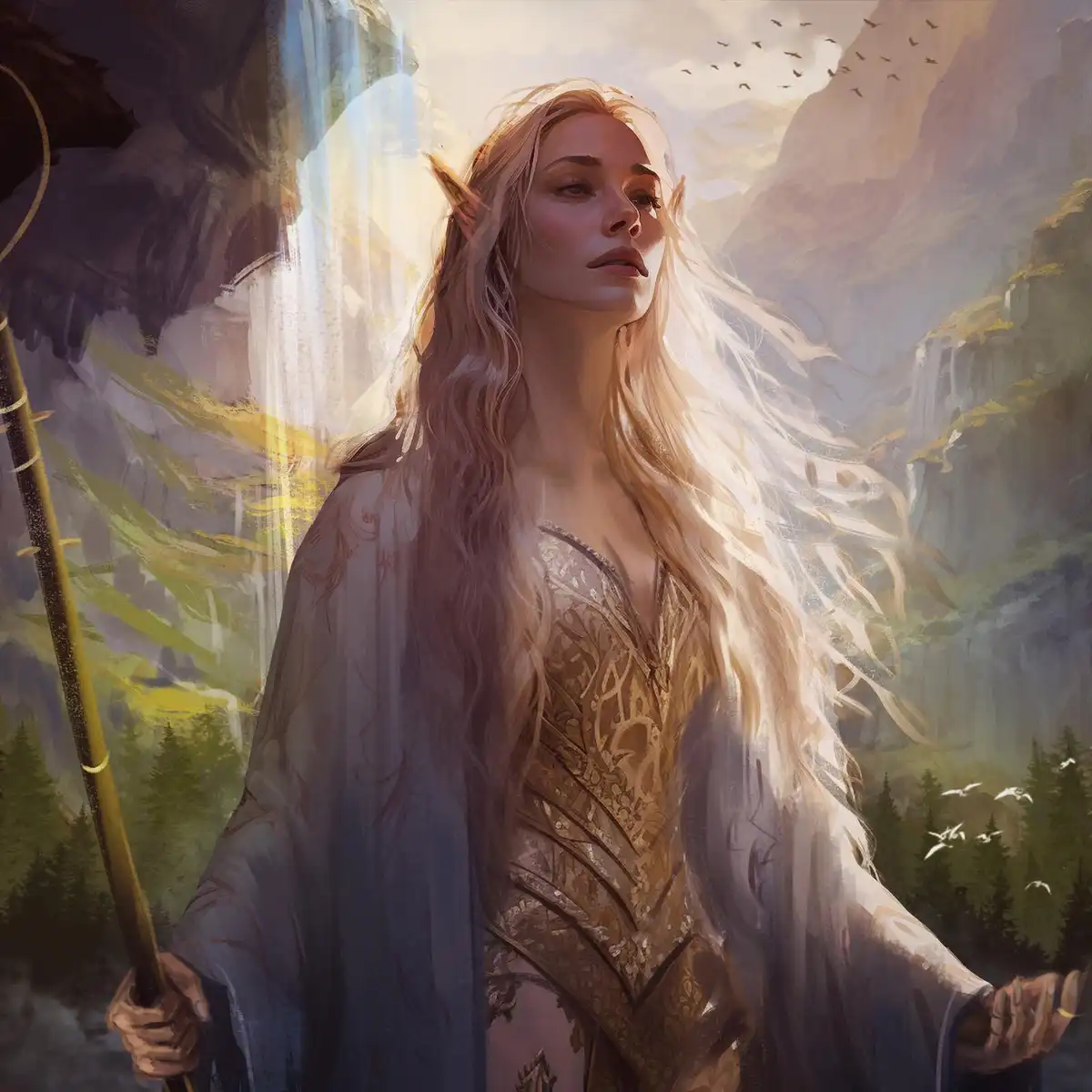 A fantasy illustration depicts a serene, ethereal elven woman with long blonde hair and pointed ears, standing in a majestic…