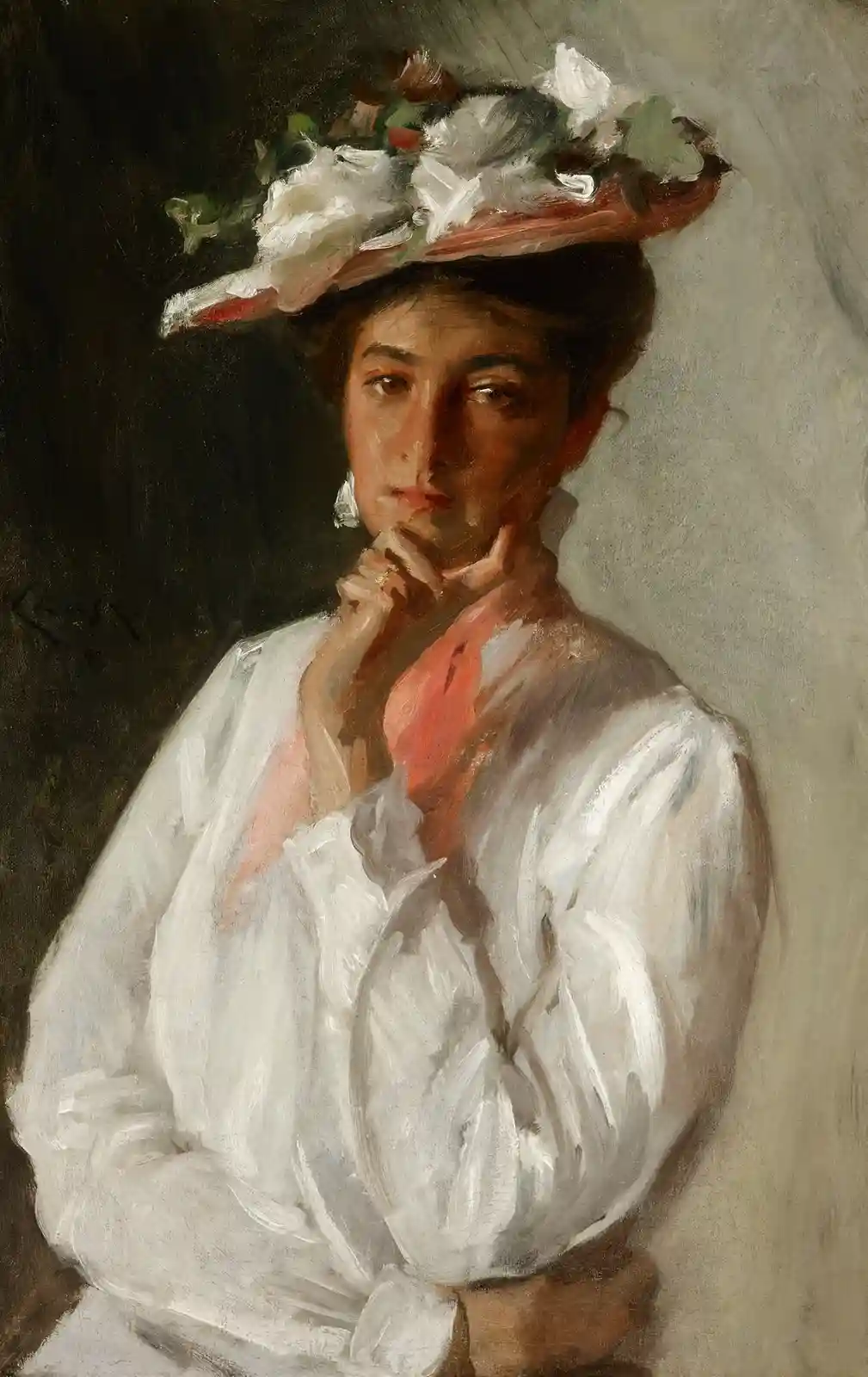 A vintage oil painting of a woman in a white blouse and ornate hat, looking directly at the viewer with a thoughtful…