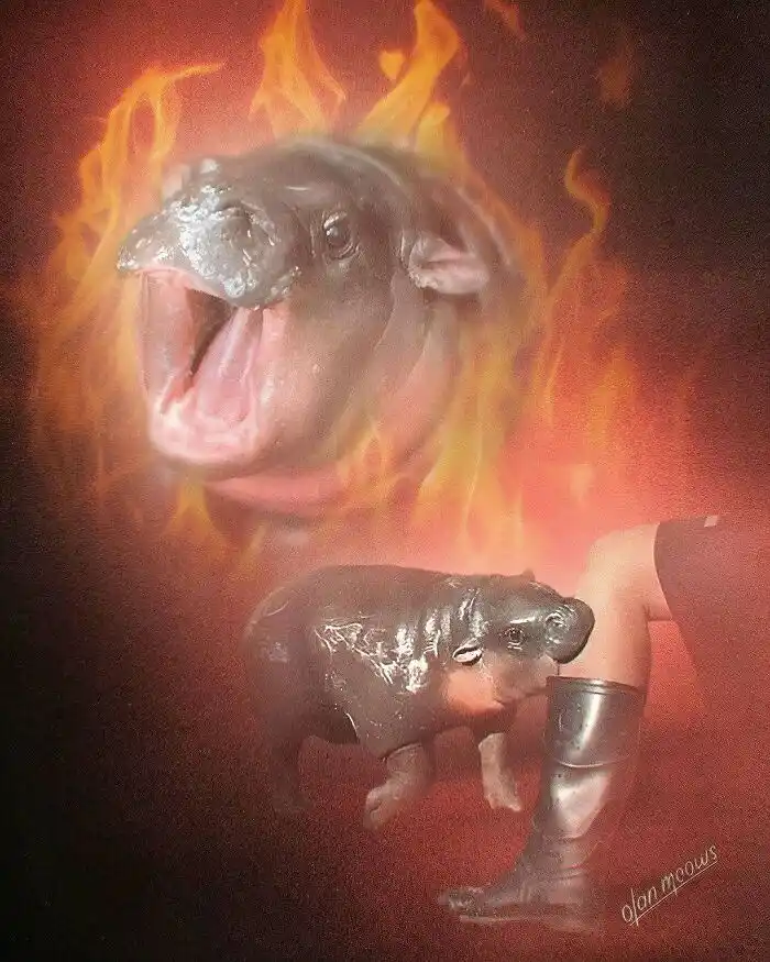 A digitally altered image shows a large hippopotamus head engulfed in flames with its mouth open, while a small baby hippo…